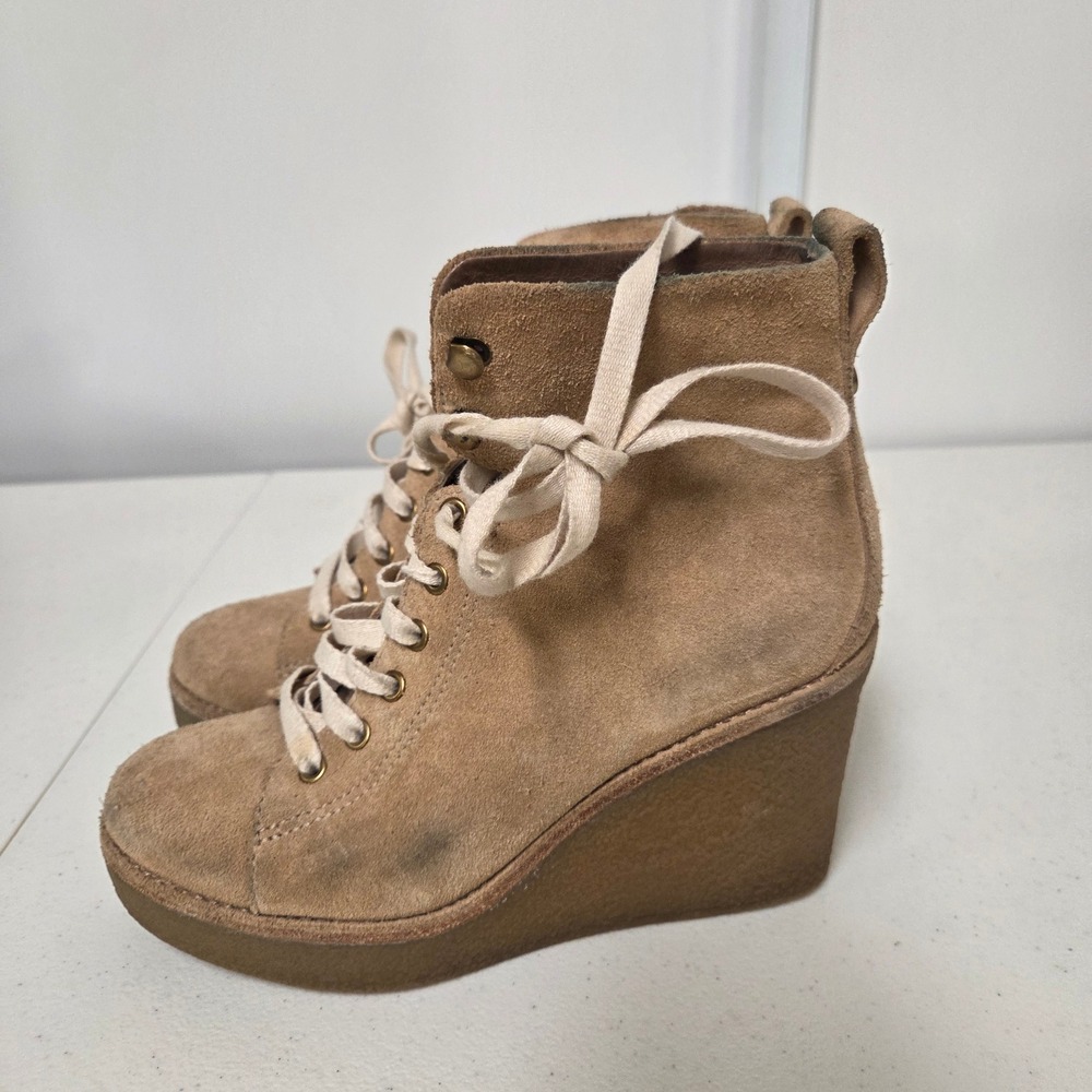 UGG 1018784 Tan Suede Lace Up Platform Wedge Ankle Boots Womens 6
